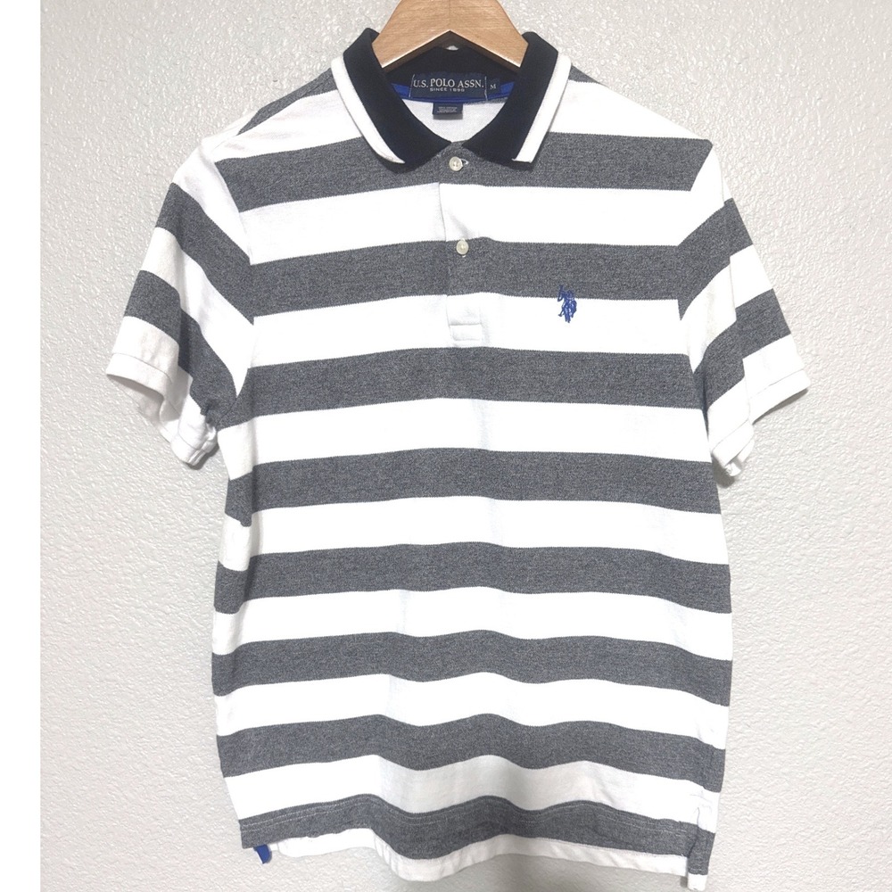 US Polo‎ Assn Striped Polo Button Shirt Mens Medium White Grey Pony Logo Prppy - Picture 2 of 6